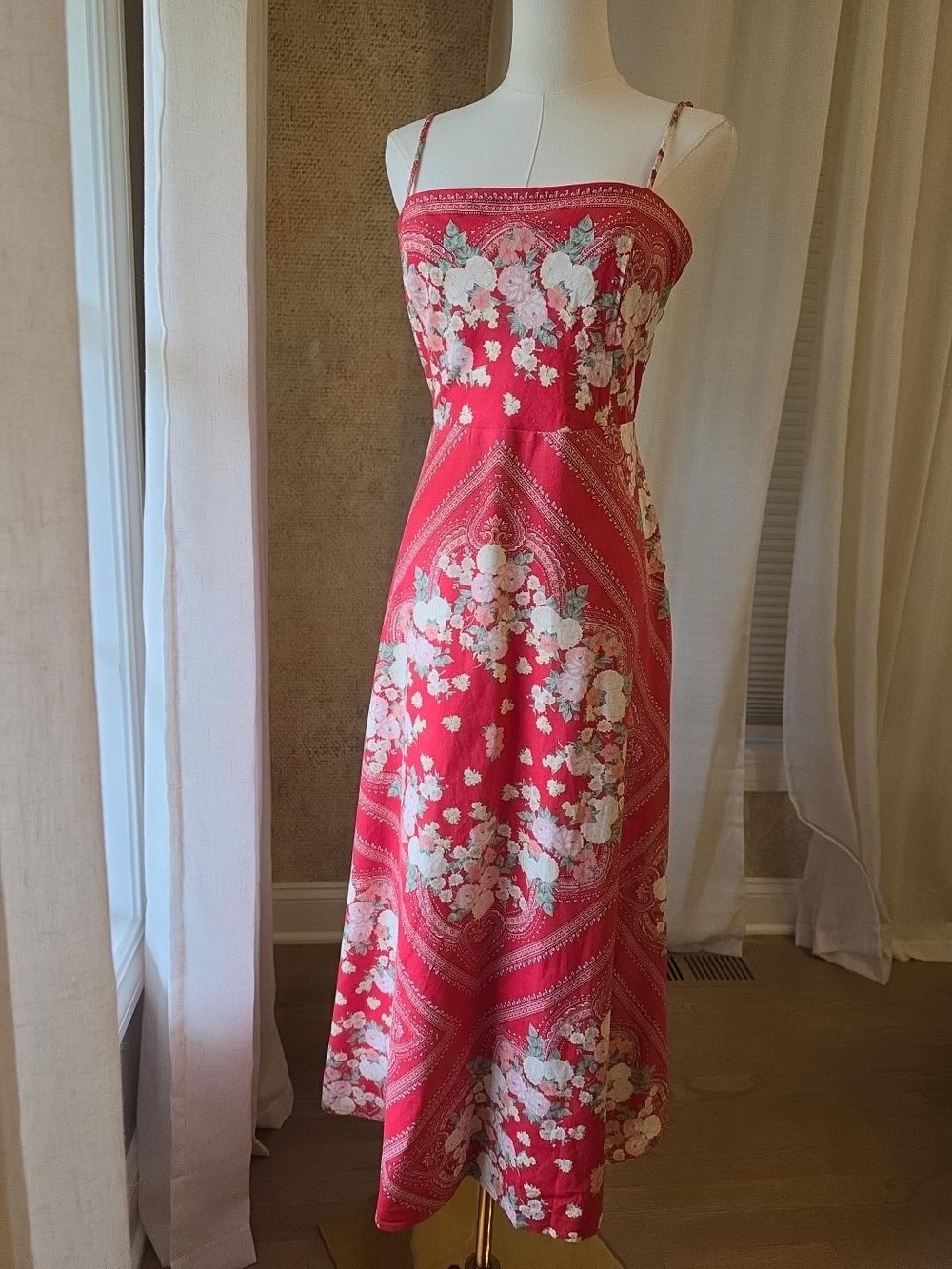 Wayf Red Floral Spaghetti-Strap Midi Dress